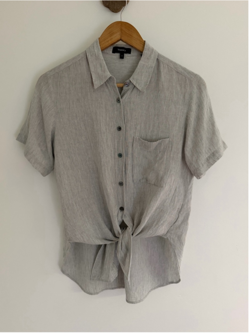 Theory Hekanina Linen Blend Tie Front Shirt Grey S